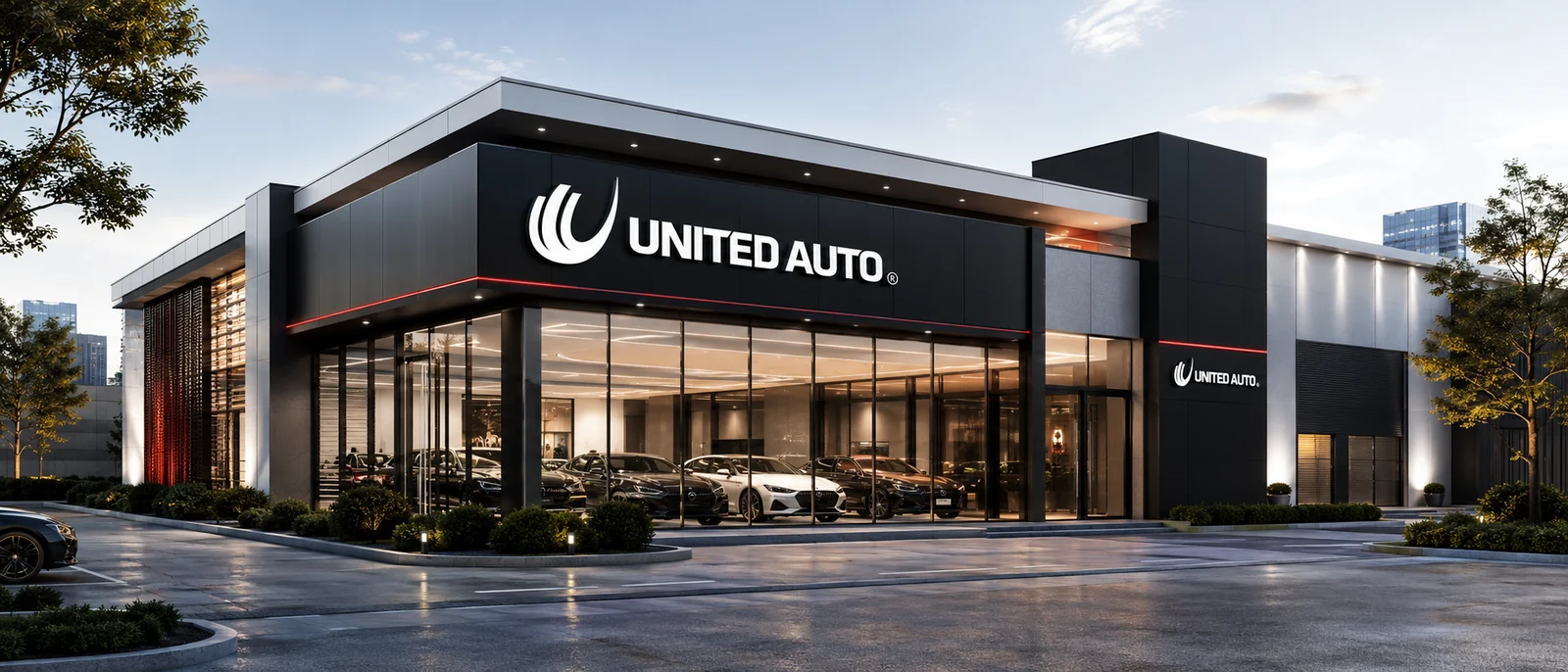 Showroom United Auto — fachada moderna con iluminación premium