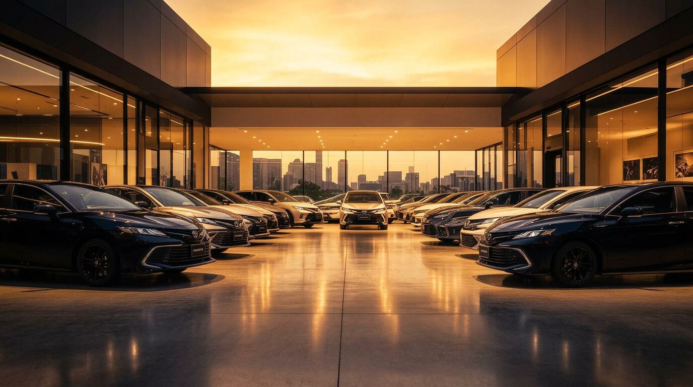 Showroom premium de United Auto al atardecer